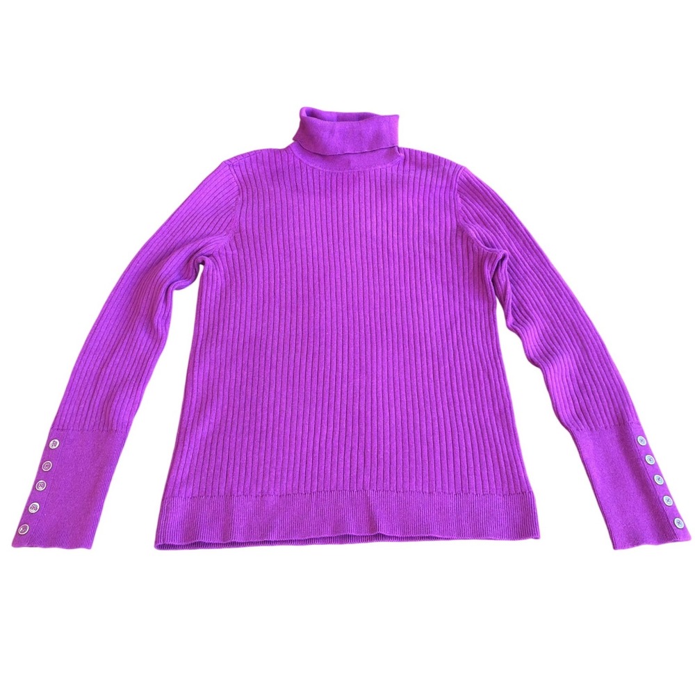 Talbots Womens fushia Ribbed Turtleneck Sweater Button Cuff Long Sleeve Size L